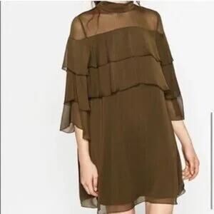 Zara Green Tiered Ruffle Shift Dress Women's XS Flowy Boho Olive Green